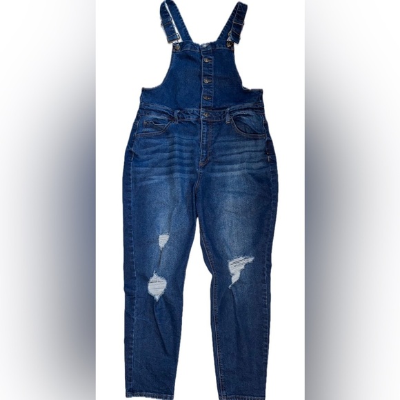 Blue Denim Bibbed Distressed Overalls Juniors XL 15 - 17 Stretch Retro Farm Core - Picture 1 of 6